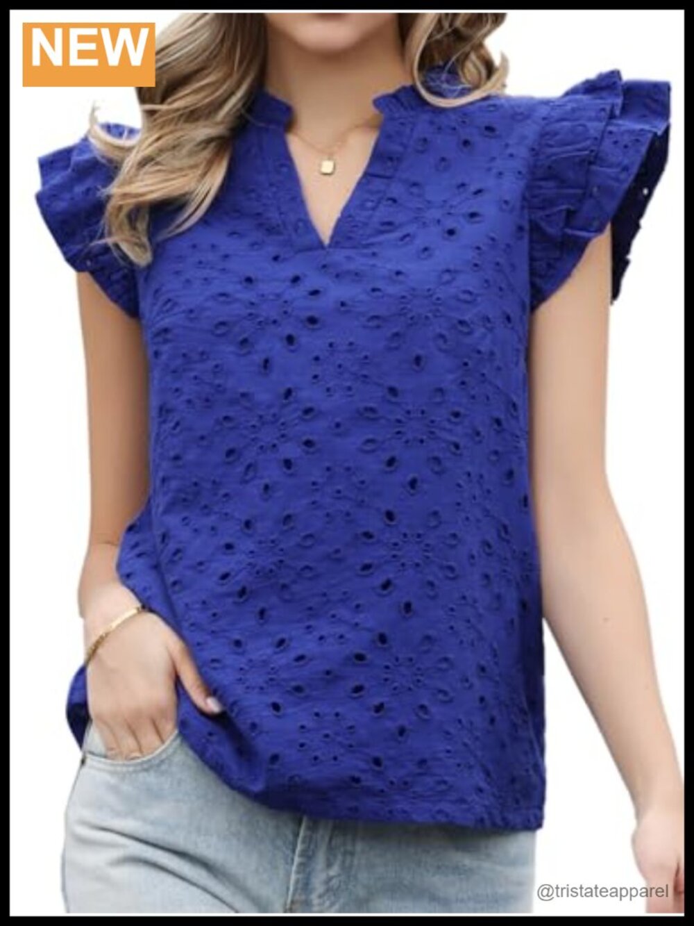 Cotton Eyelet Ruffle Cap Sleeve V-Neck Blouse